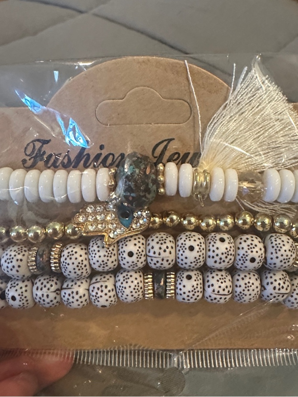 Stackable White and Gold Beaded Bracelet Set - Fashion Jewelry